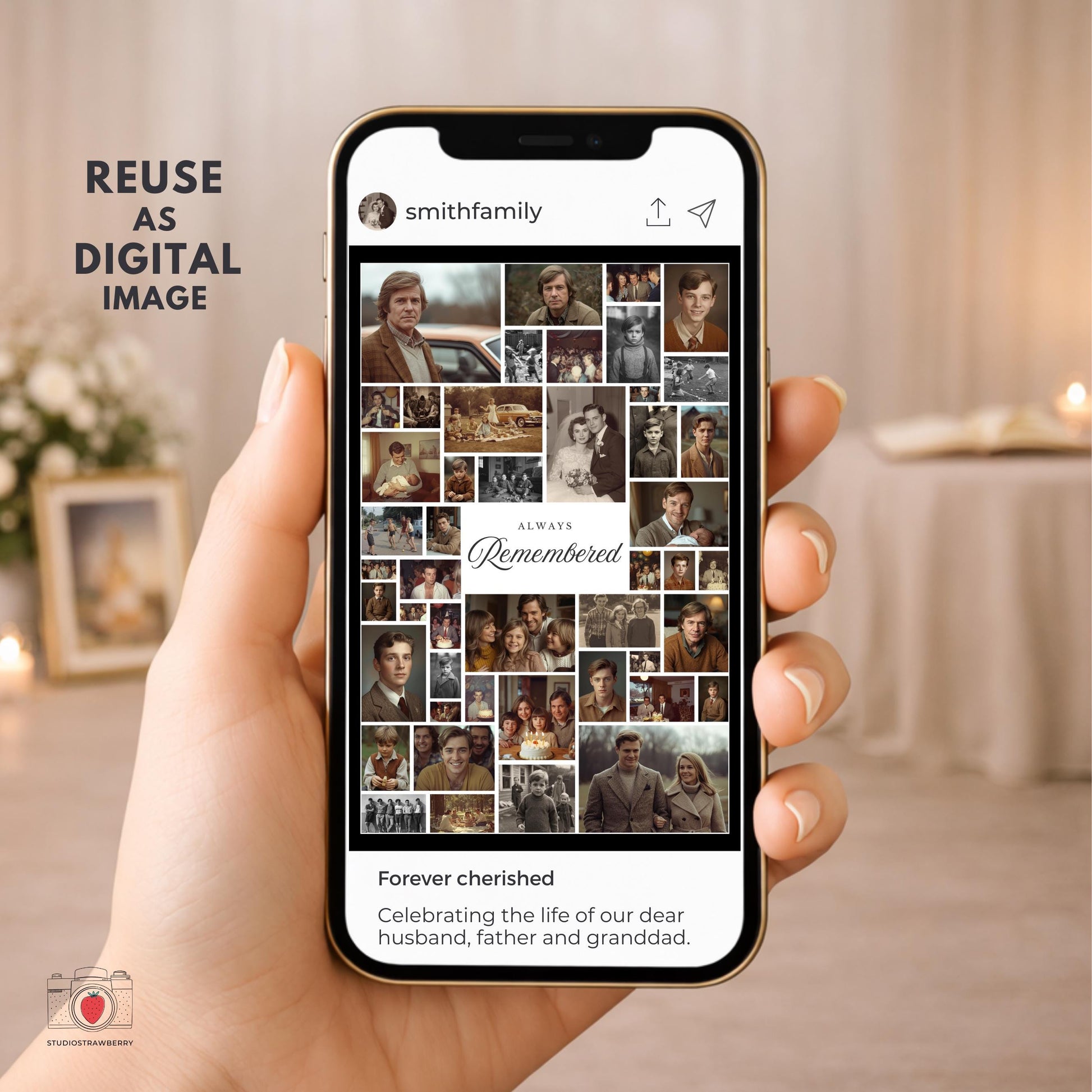 Memorial photo board printable edited in Canva with flexible photo collage layout