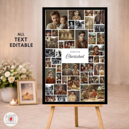 Elegant funeral welcome sign featuring handwritten calligraphy style typography