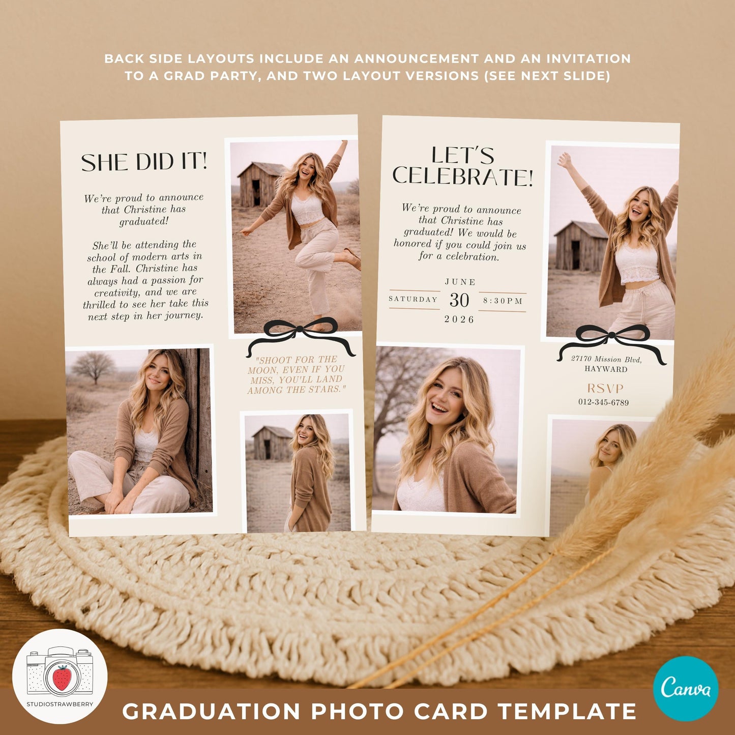 cottagecore style graduation photo card with soft neutral tones