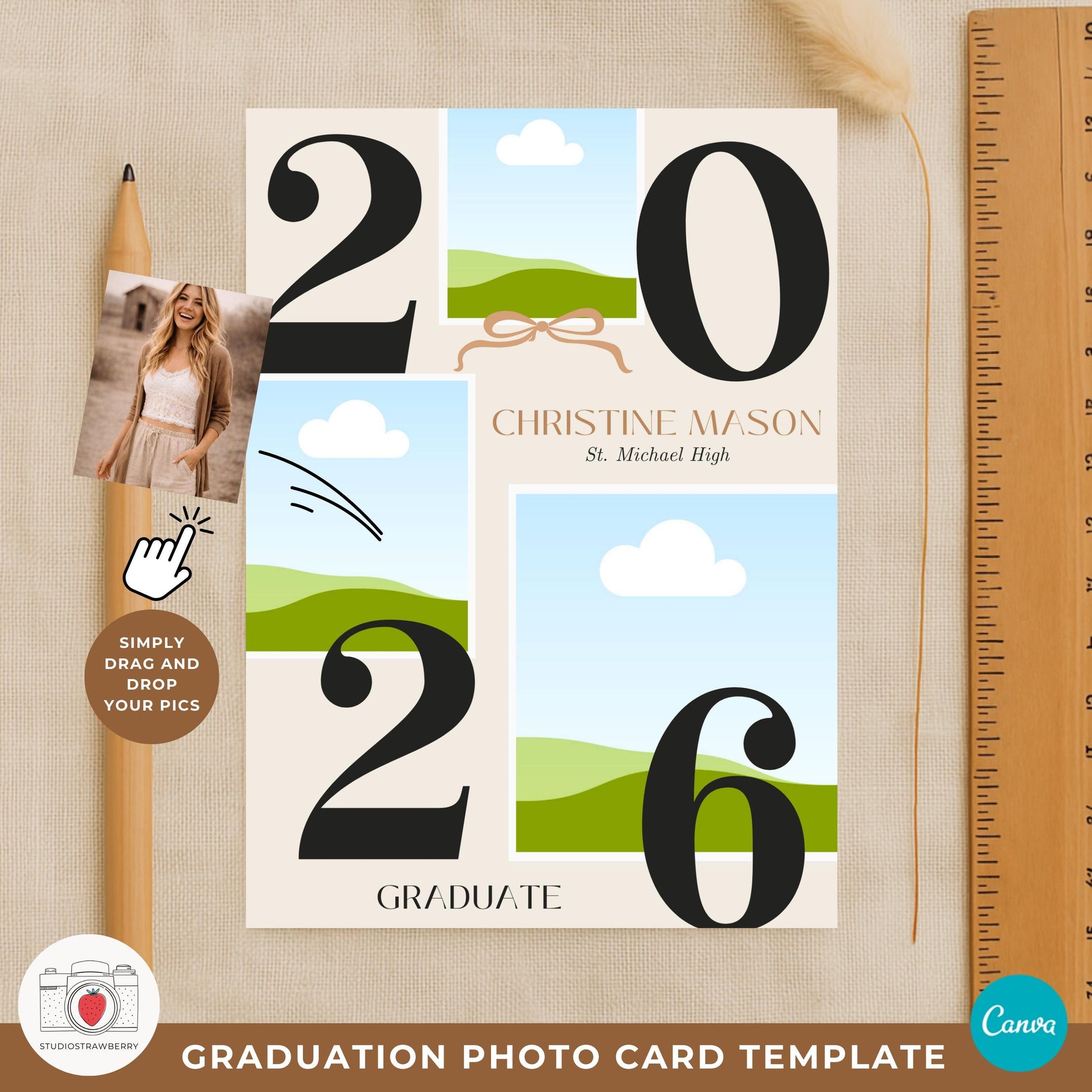 graduation invitation back side layout with photo and event details