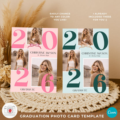 Pink and blue cottage core bow graduation photo cards side by side on a boho background.