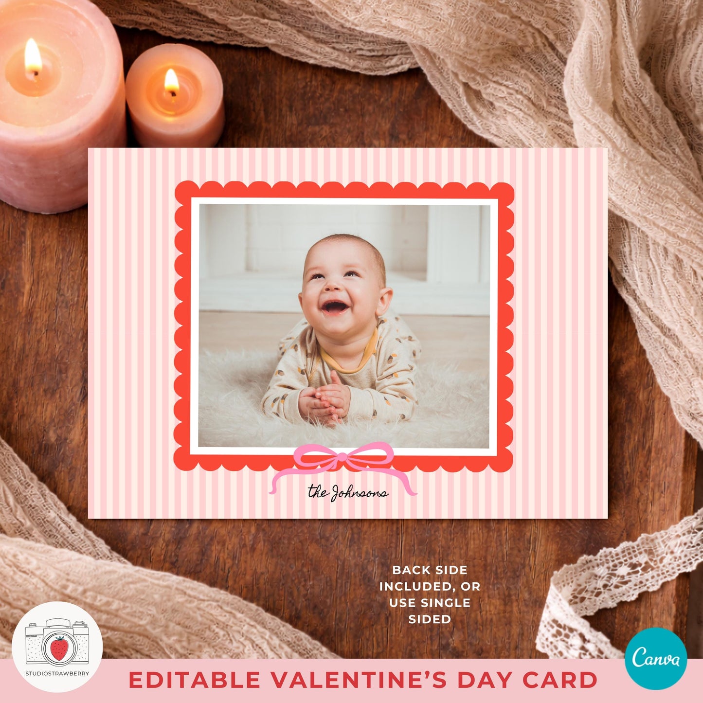 Striped valentines photo card designed for family pictures