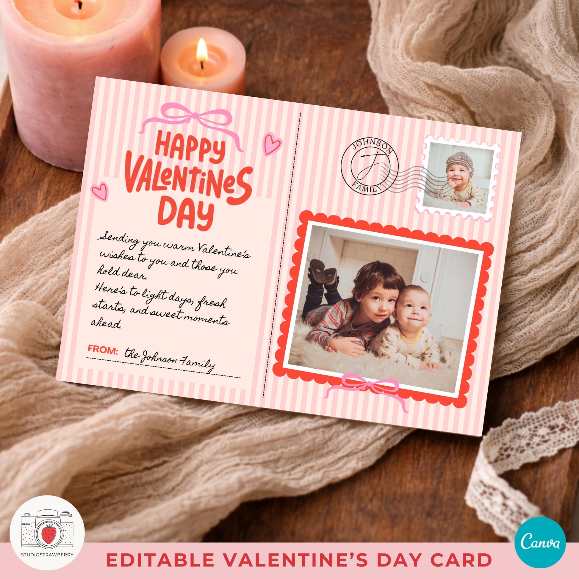 Soft pink valentines card featuring bow accent