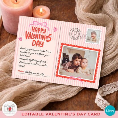 Soft pink valentines card featuring bow accent