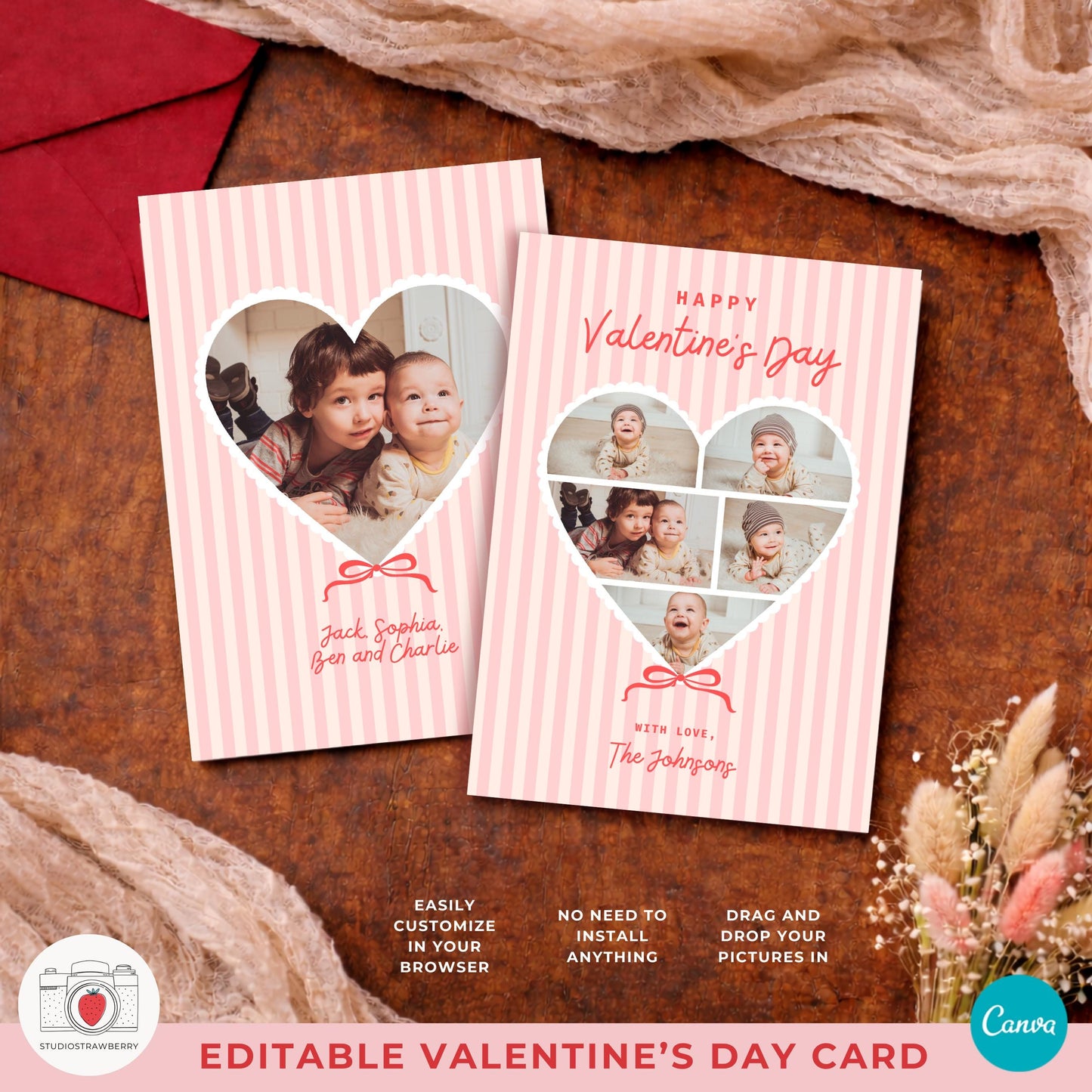 Canva valentine photo card template editable online with personal photos and text