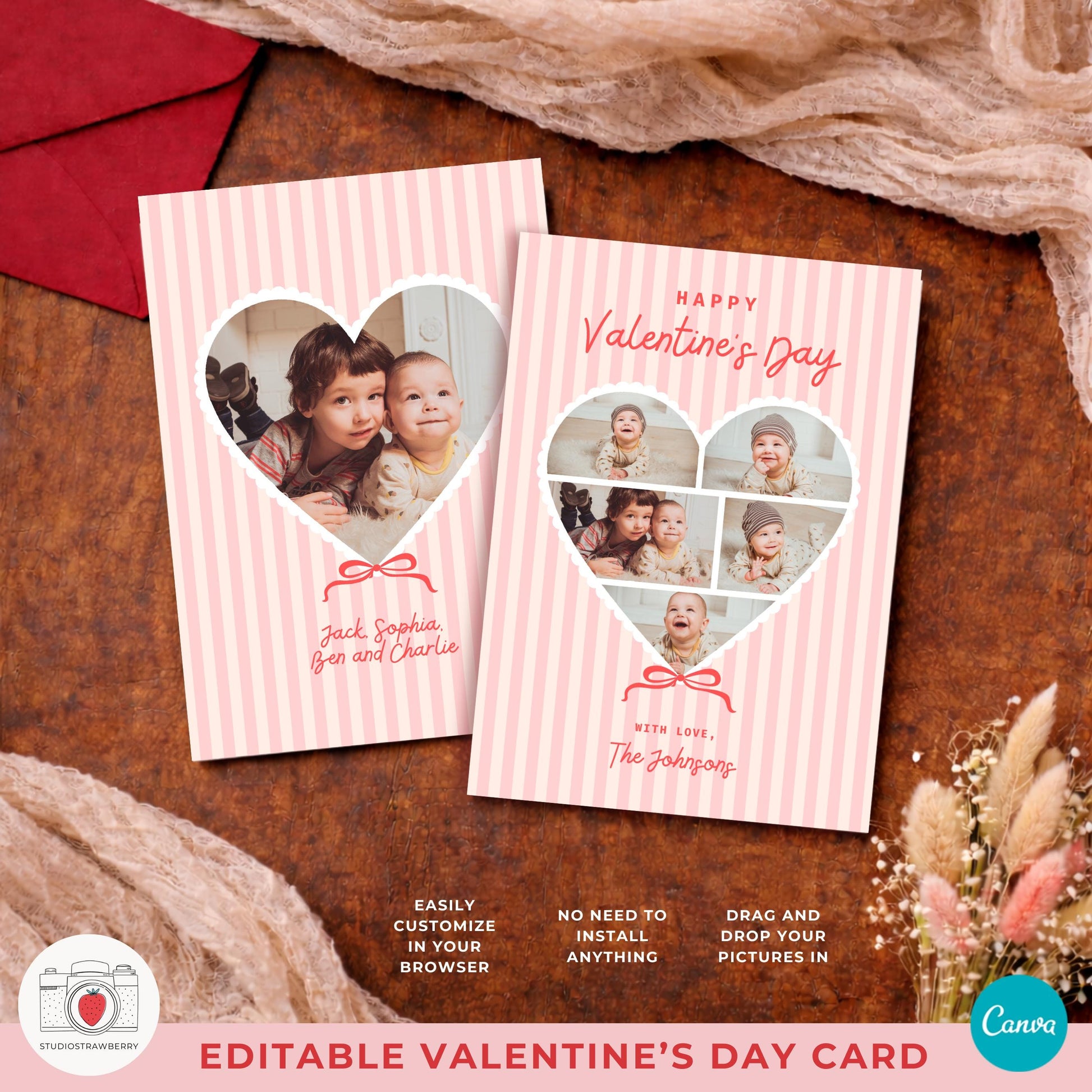Canva valentine photo card template editable online with personal photos and text