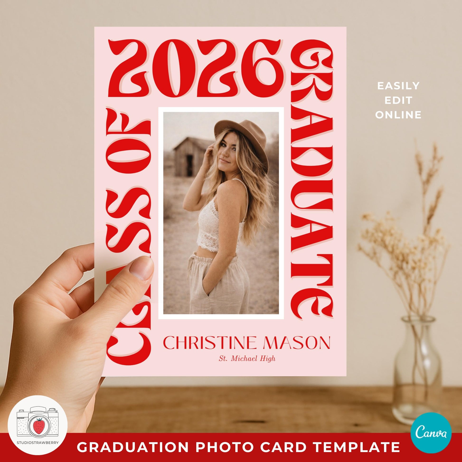Graduation party invitation photo card Canva with modern retro vibe