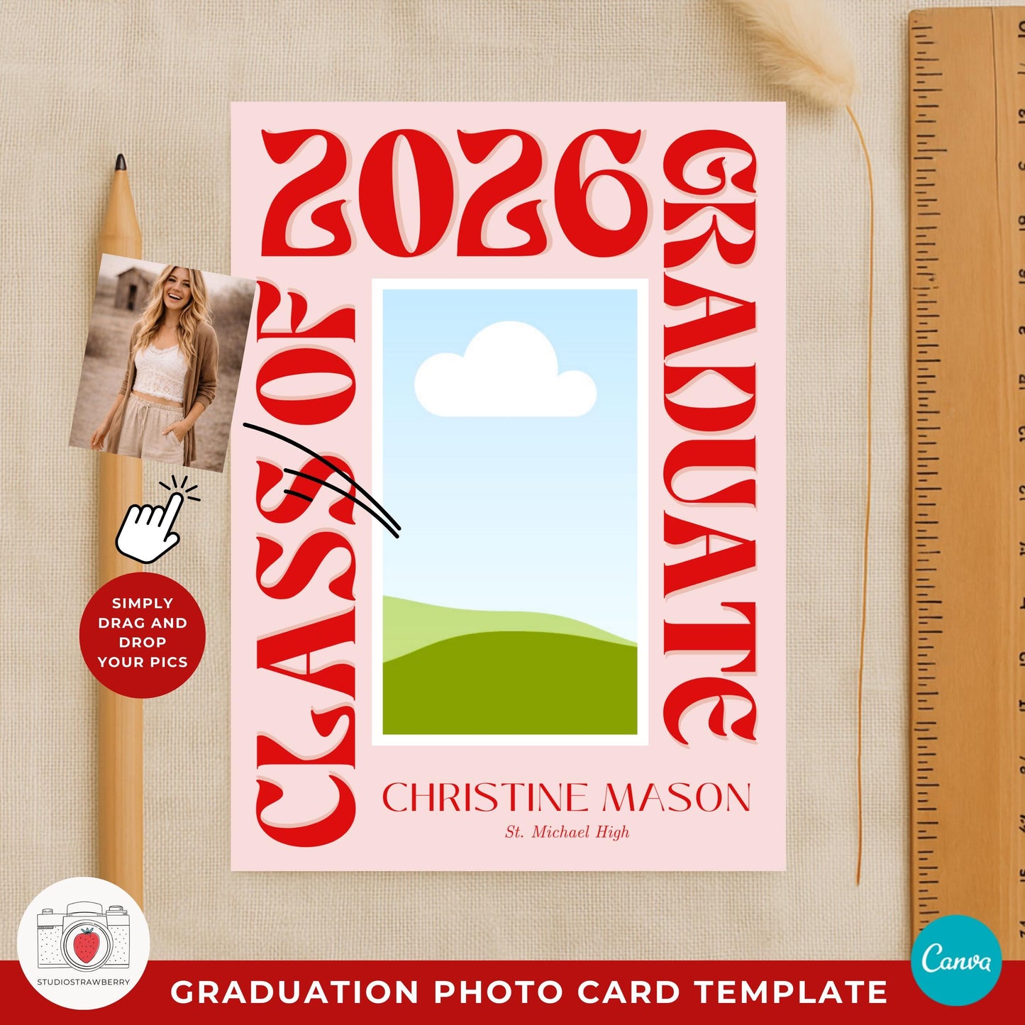Class of 2026 photo announcement template with large headline text