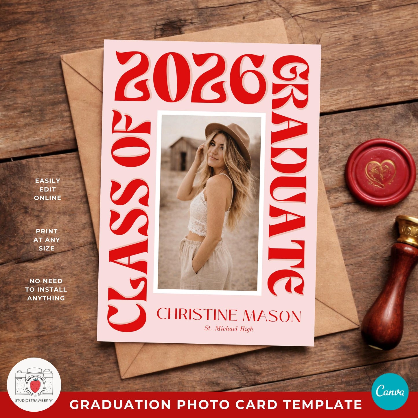 Retro graduation photo card template with bold funky lettering and pink background