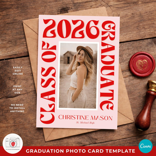 Retro graduation photo card template with bold funky lettering and pink background