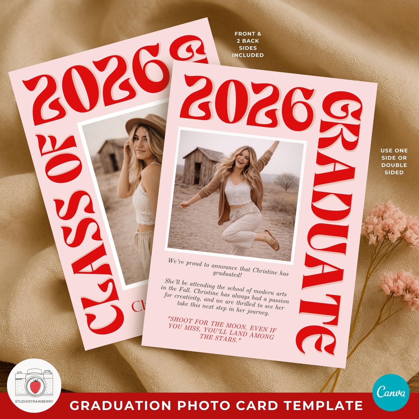 Retro pink graduation announcement template with oversized text