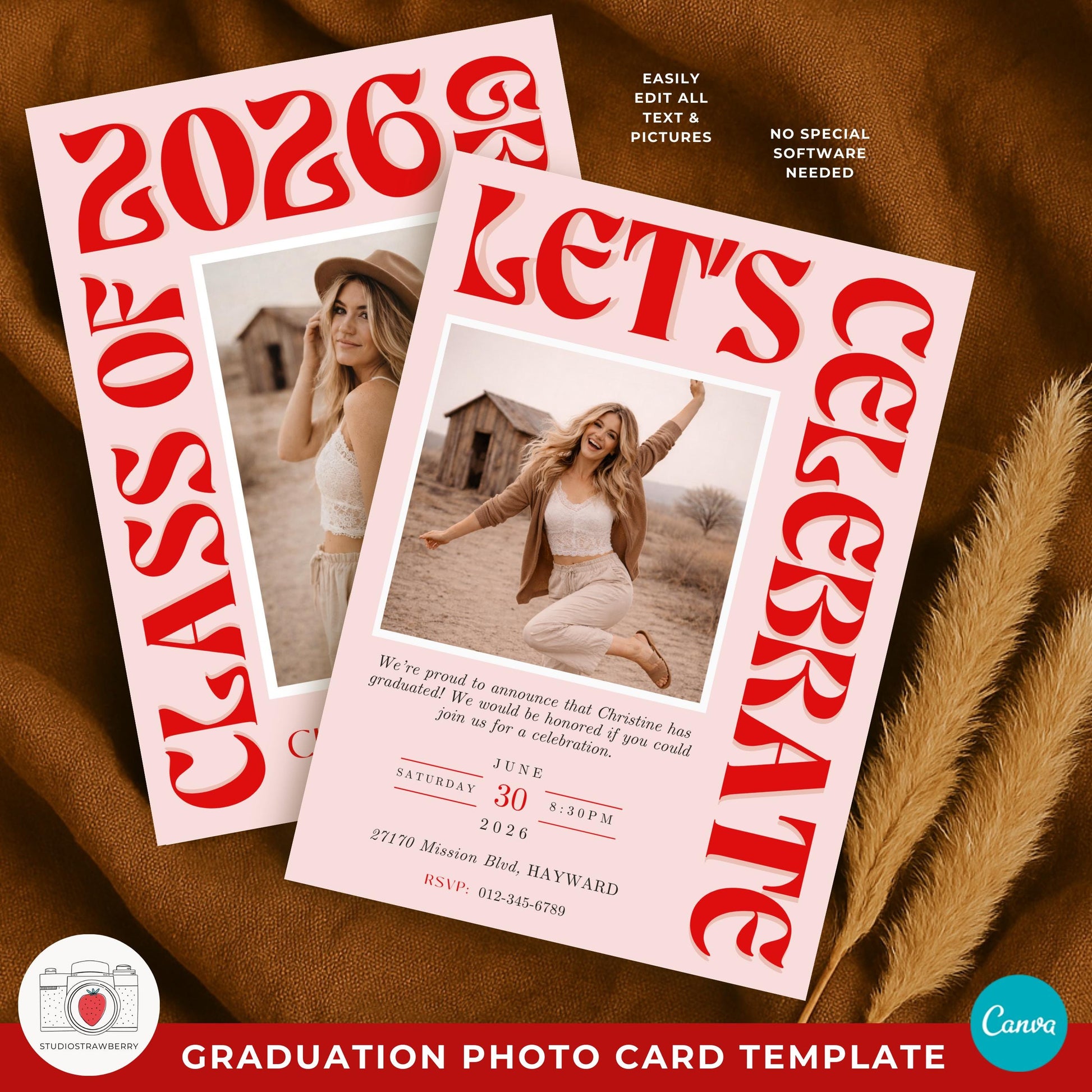 High school graduation photo card template in bold retro style