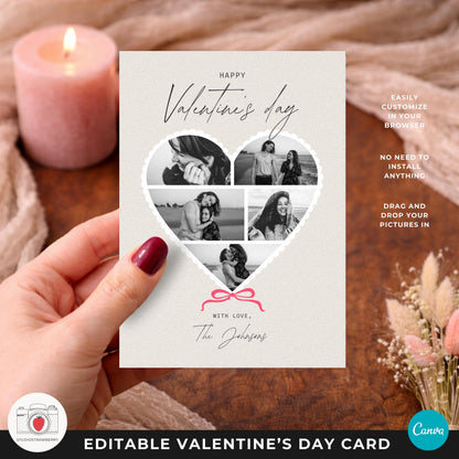 Valentine photo card for couples with heart shaped photo collage and soft neutral background