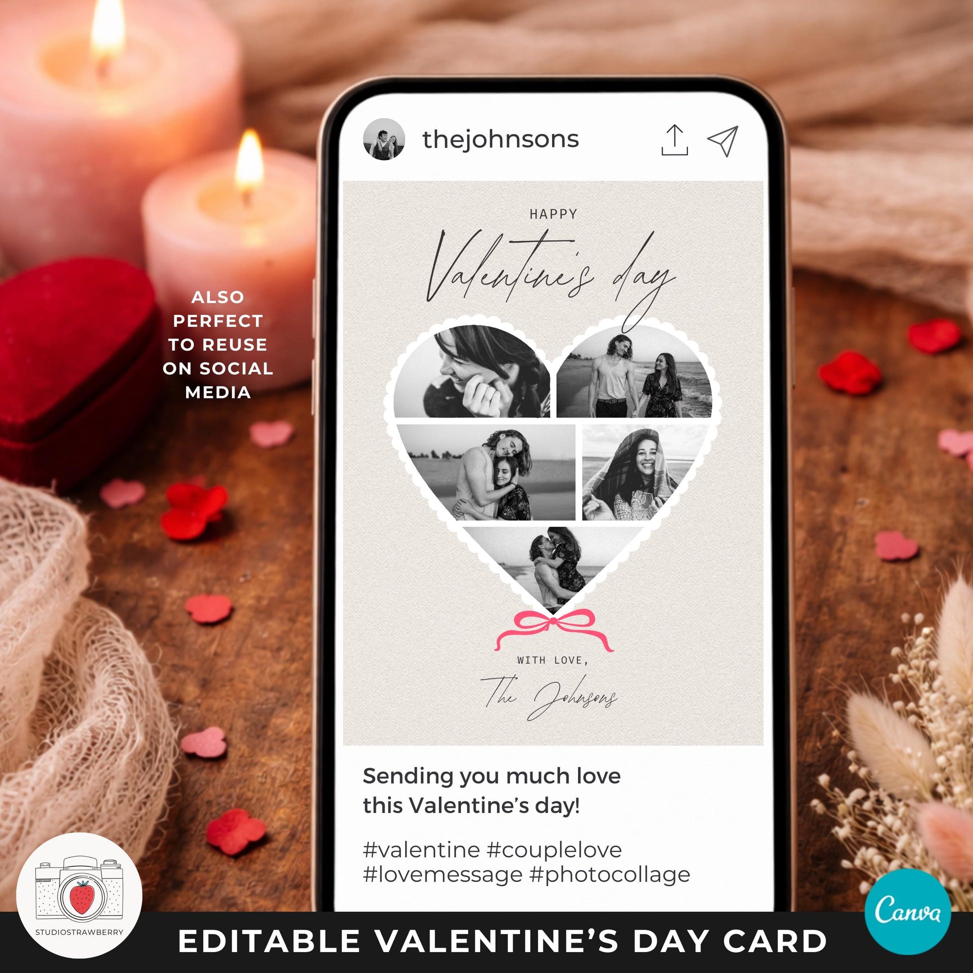 Scalloped heart photo card with elegant handmade look and soft tones