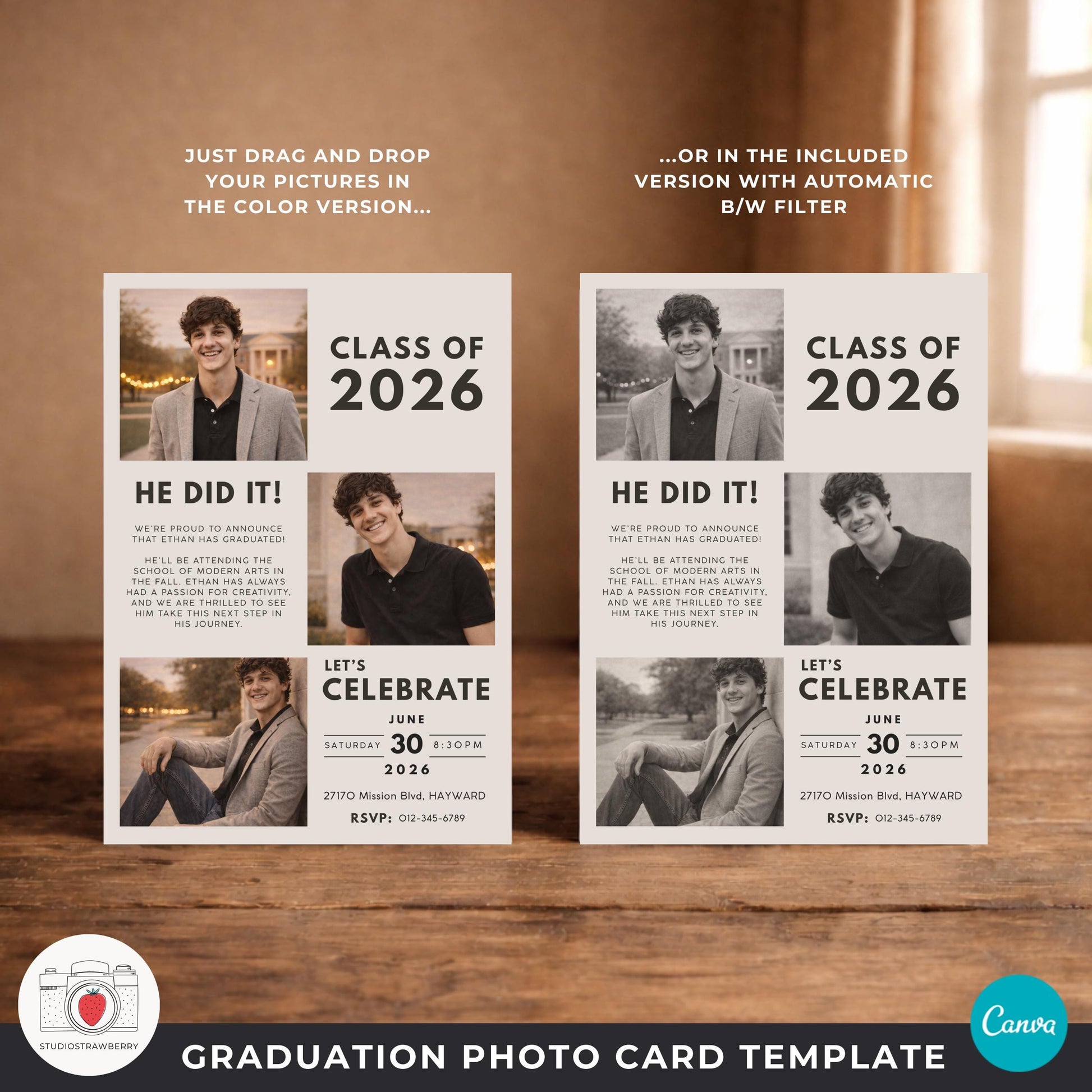 Minimalist graduation card template for guys in neutral tones