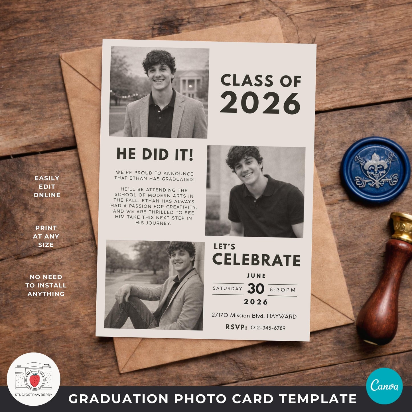 Graduation photo card for boys with modern minimalist layout