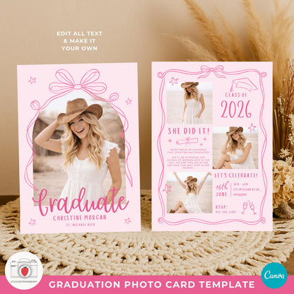 Girl senior photo graduation card in soft pink aesthetic style