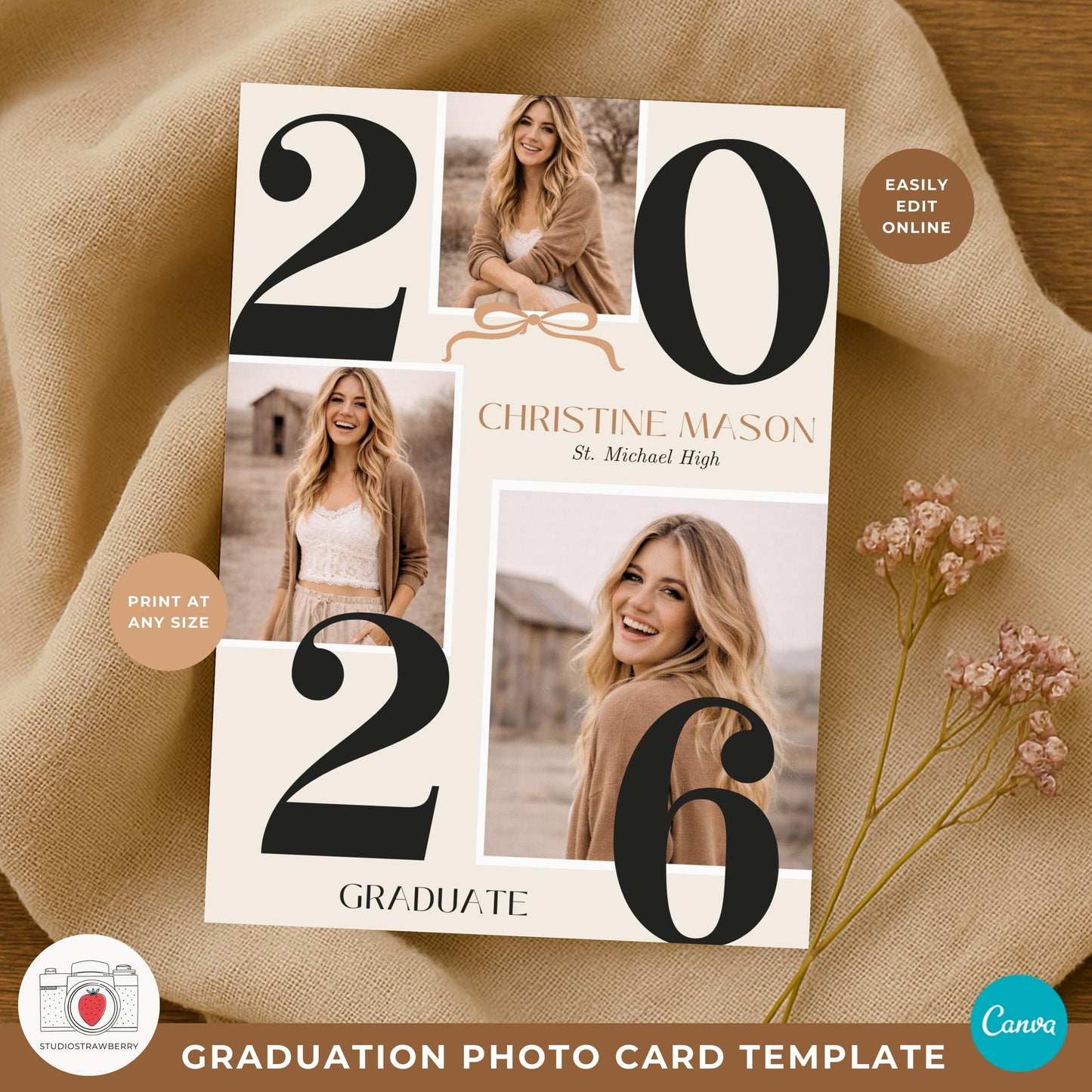 2026 graduation photo card with large number layout and neutral beige background