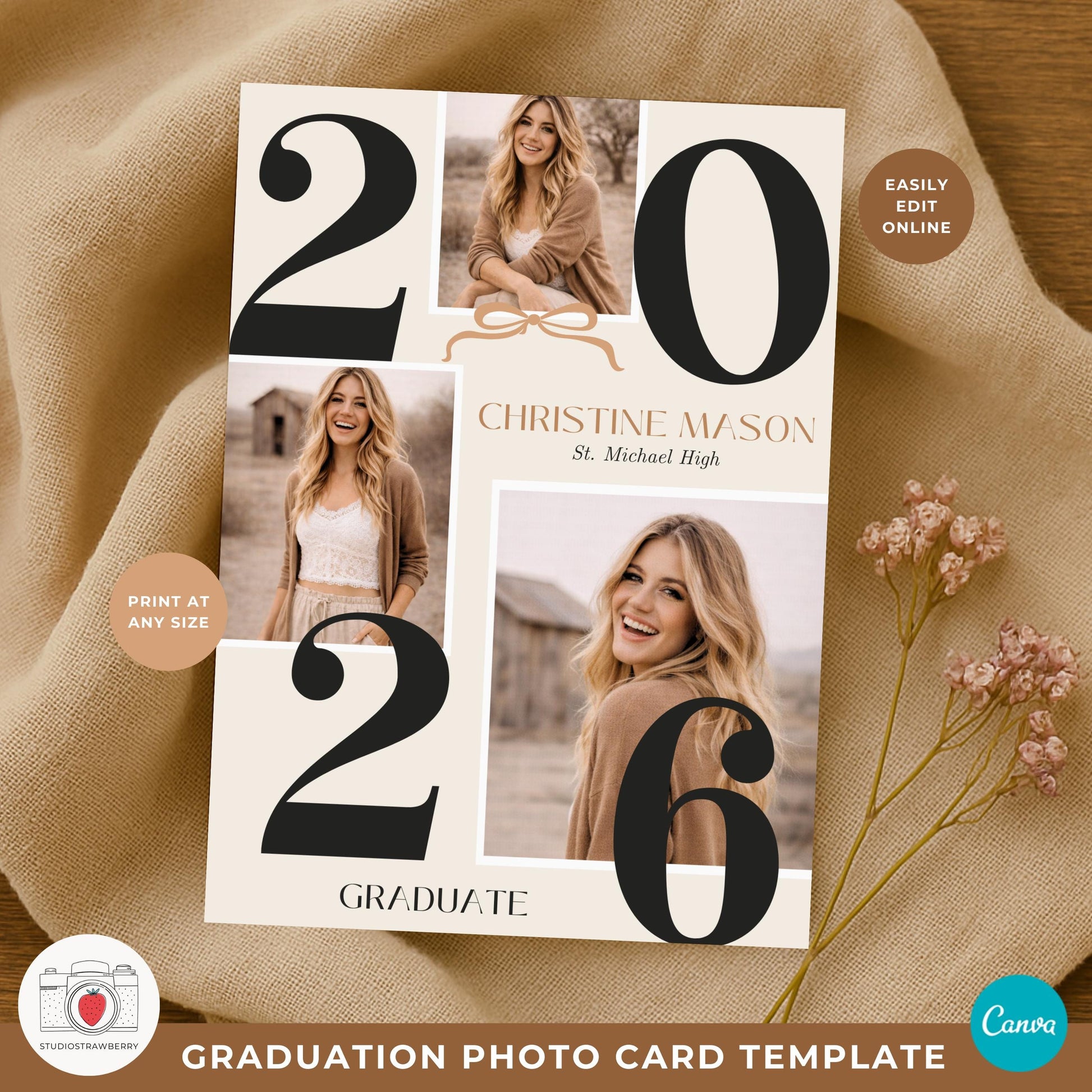 2026 graduation photo card with large number layout and neutral beige background