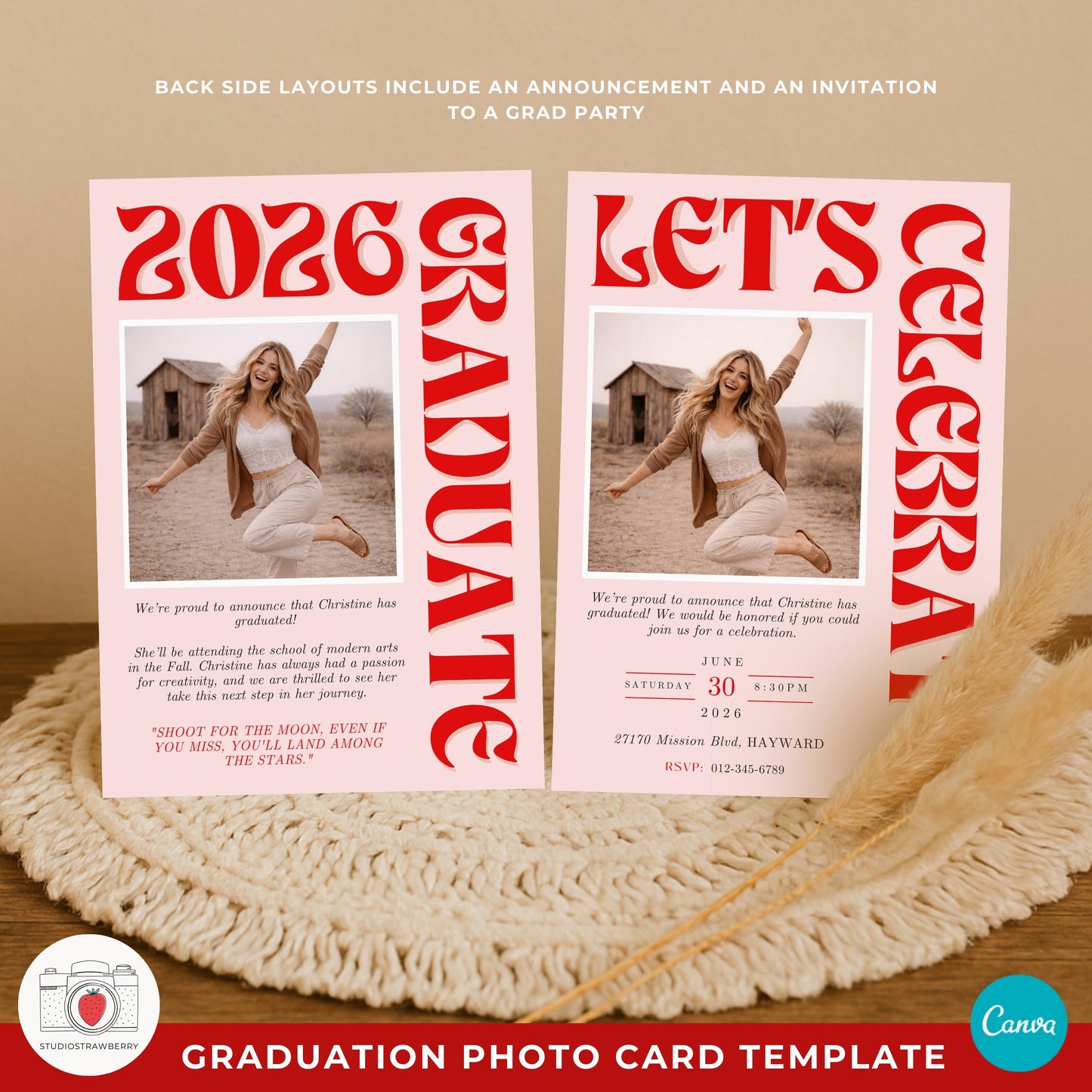 Trendy graduation photo card with bold modern retro design