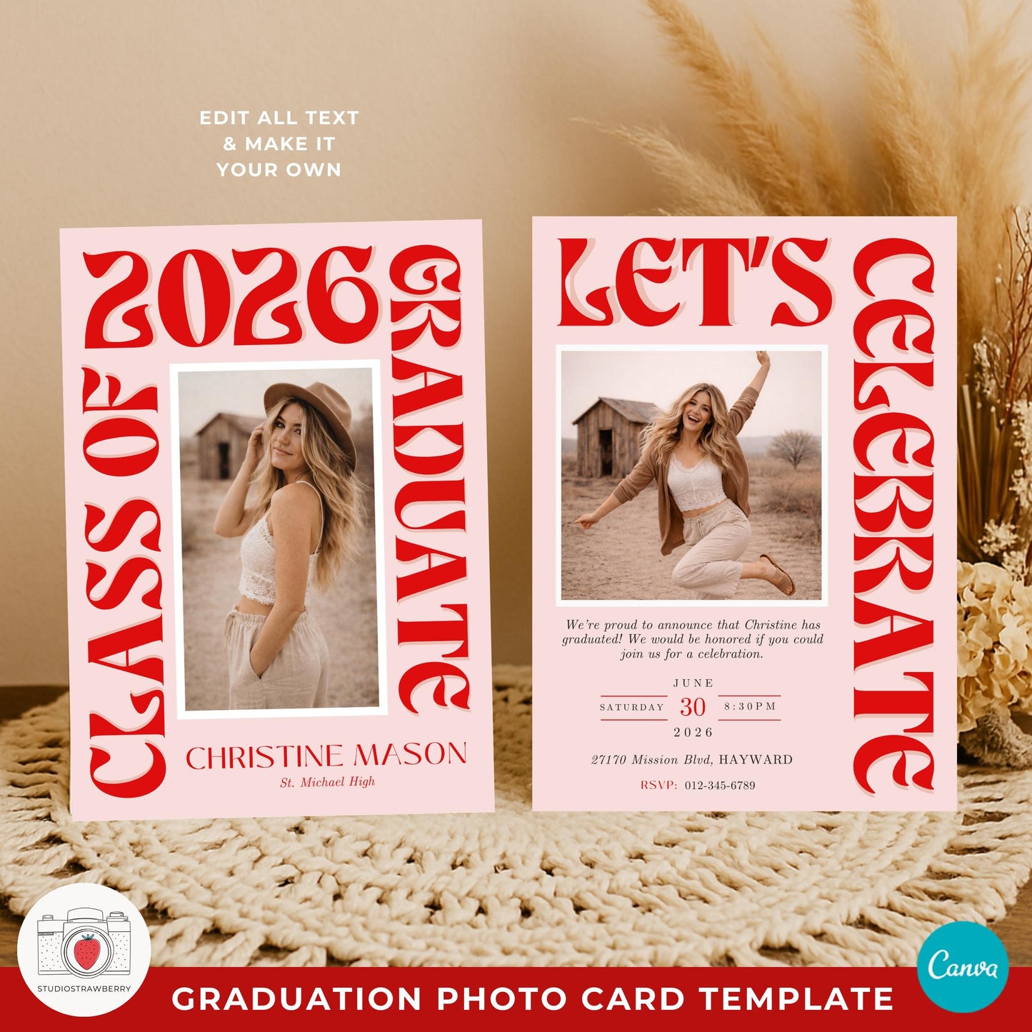 Funky retro graduation announcement Canva template with big typography