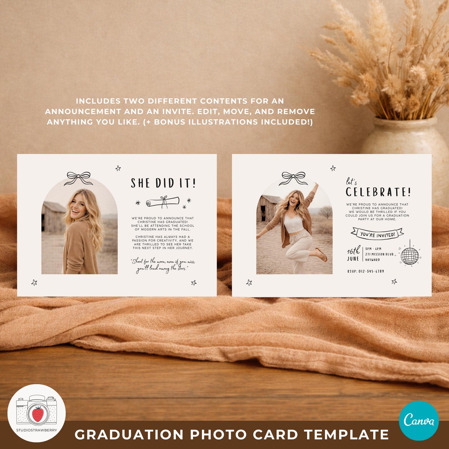 Beige graduation invitation photo collage card for senior girls