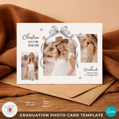 Hand drawn bow graduation card with trendy aesthetic design