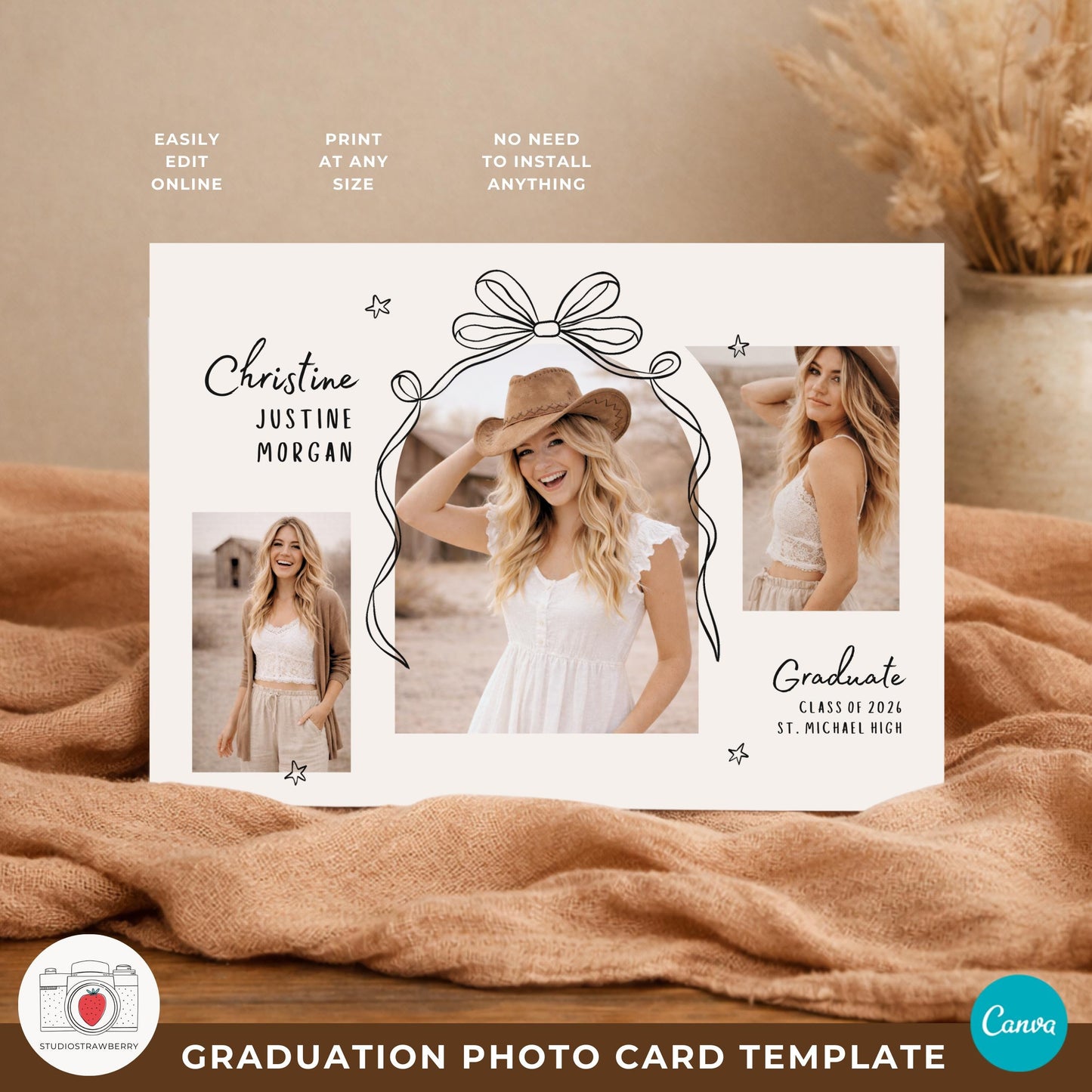 Black bow graduation card template with multiple senior photos in a beige cottagecore layout