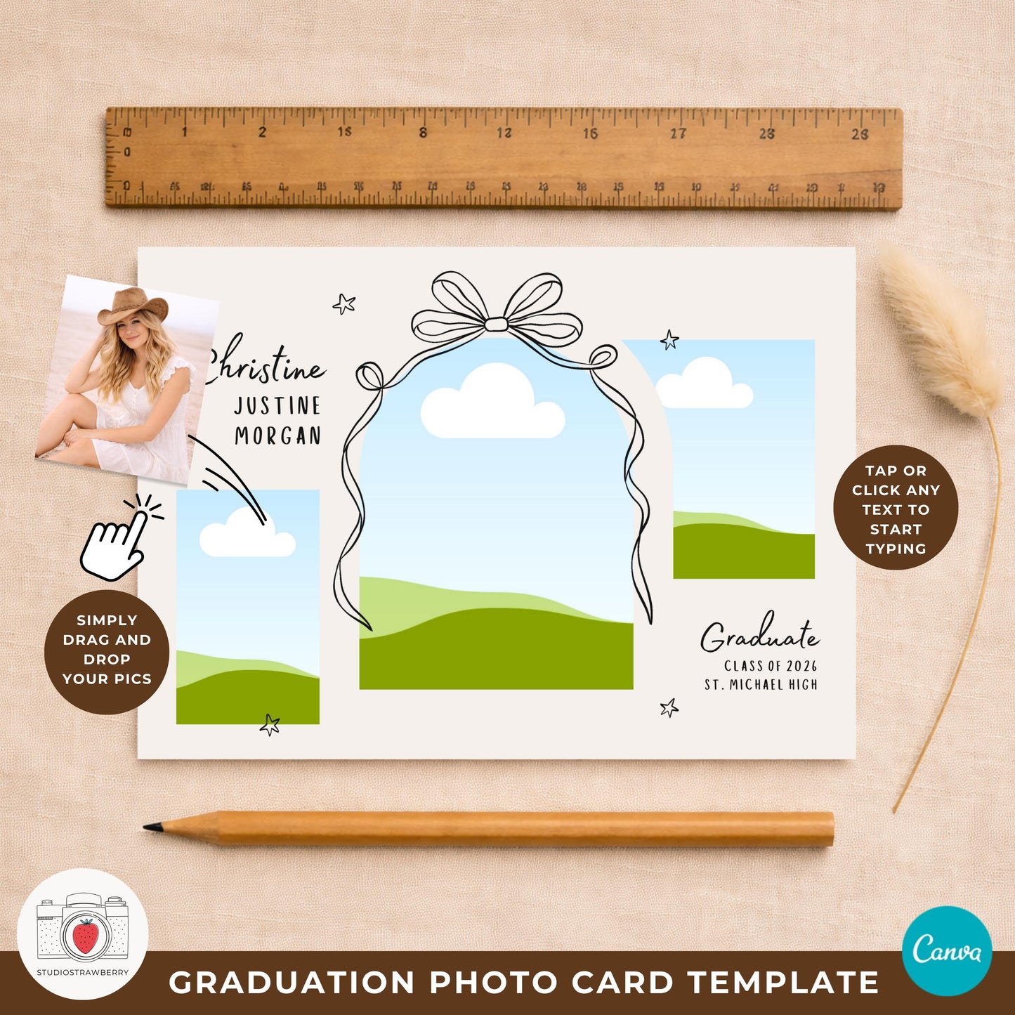 Rustic graduation photo card template with soft neutral colors