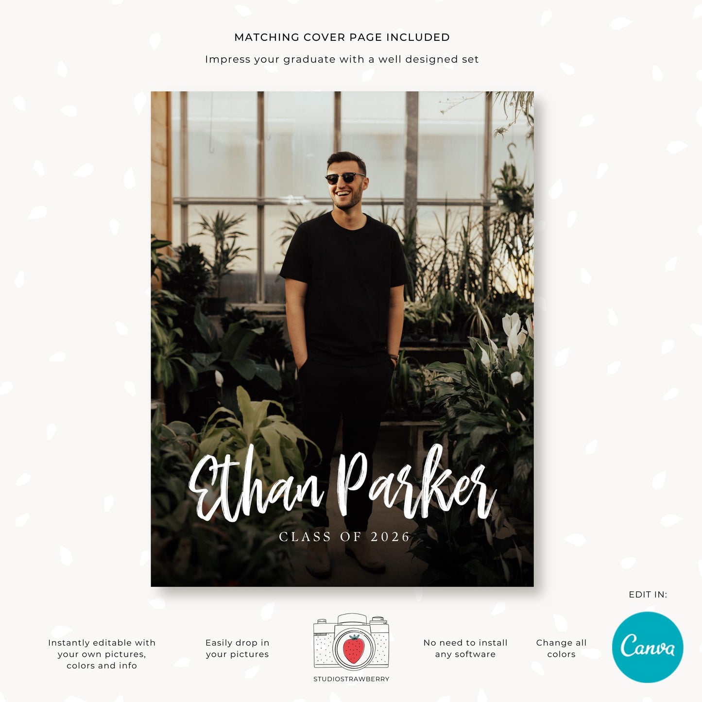 Center text yearbook ad layout with surrounding photos