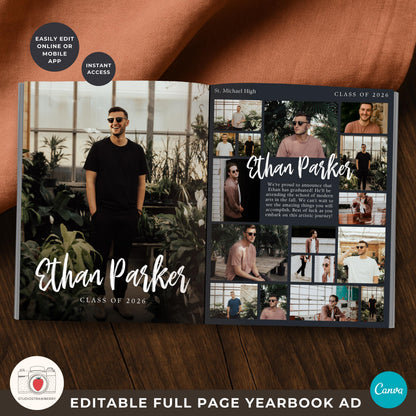 Male graduate yearbook ad with clean modern design