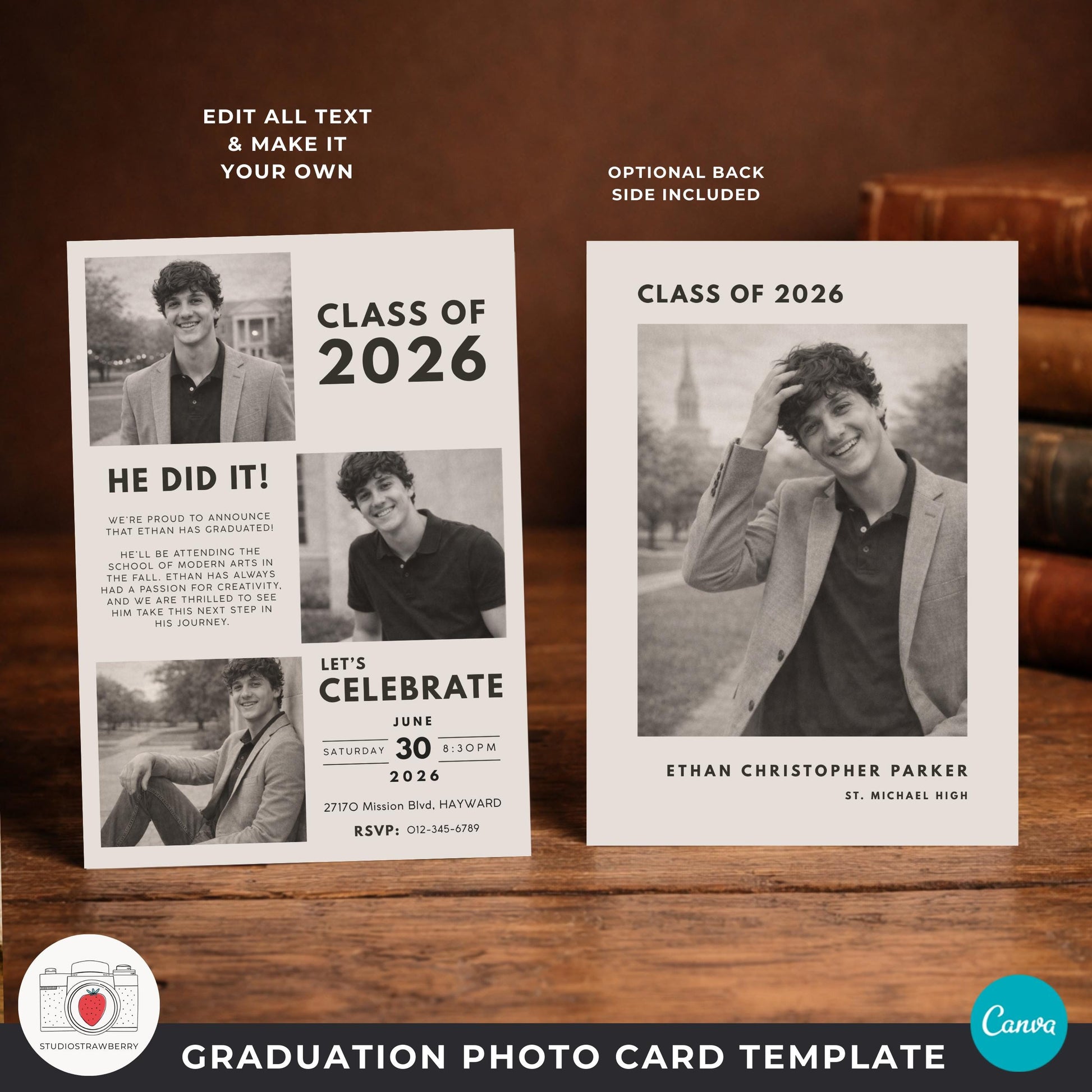 Class of 2026 graduation photo card Canva template preview