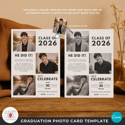 Muted neutral graduation card with modern layout