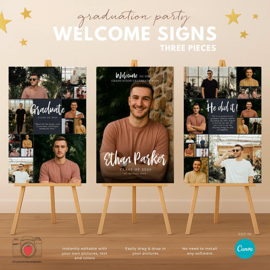 Graduation welcome sign for him with black background and modern brush lettering design.