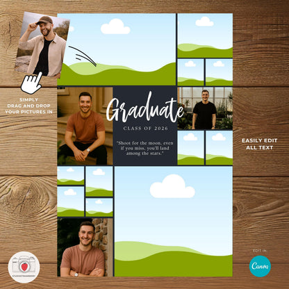 Graduation party entrance sign with photos in dark modern layout for male graduate.