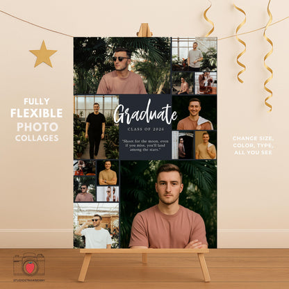 Senior graduation photo collage sign featuring multiple portraits and editable text.