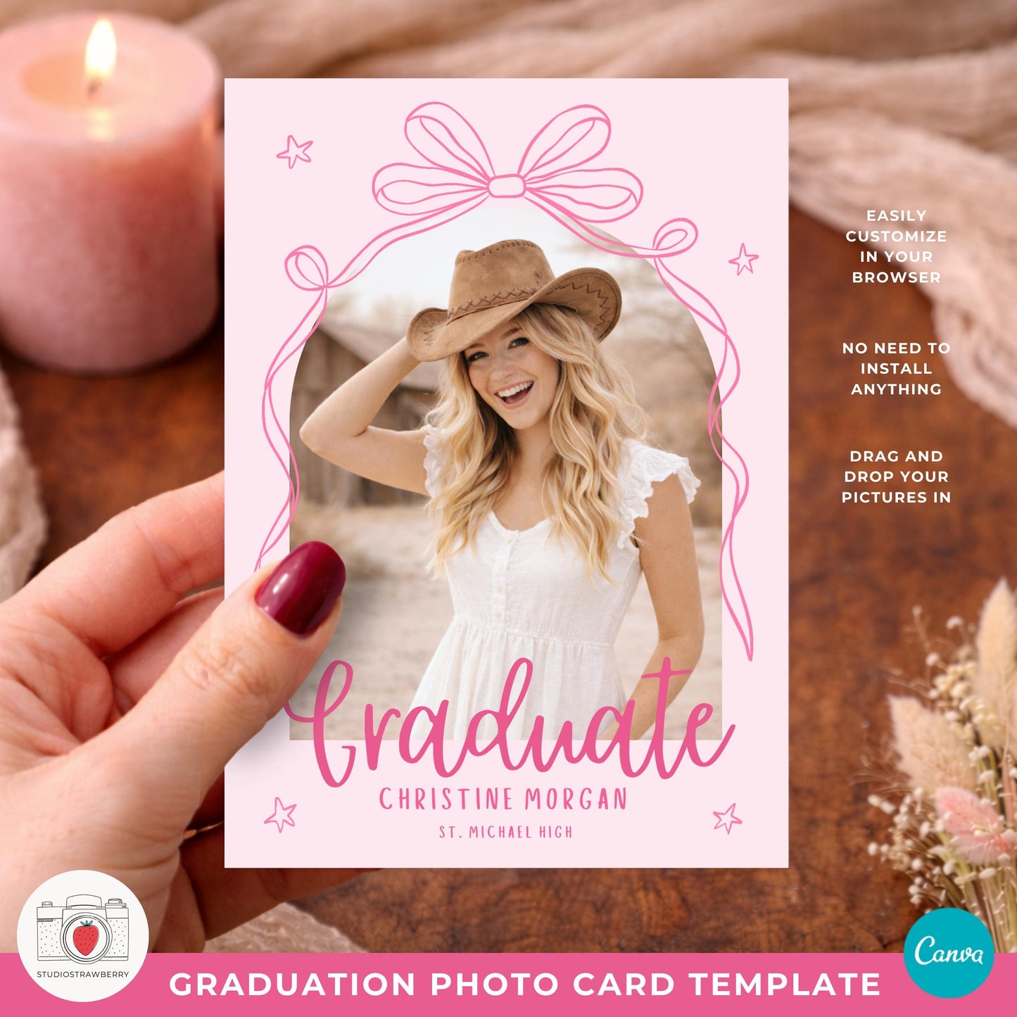 Pink bow graduation photo card for girl with photo arch design