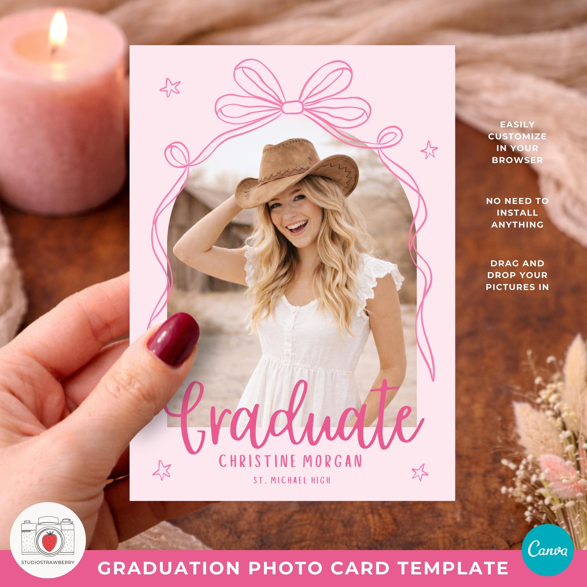 Pink bow graduation photo card for girl with photo arch design