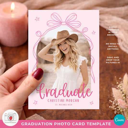Pink bow graduation photo card for girl with photo arch design