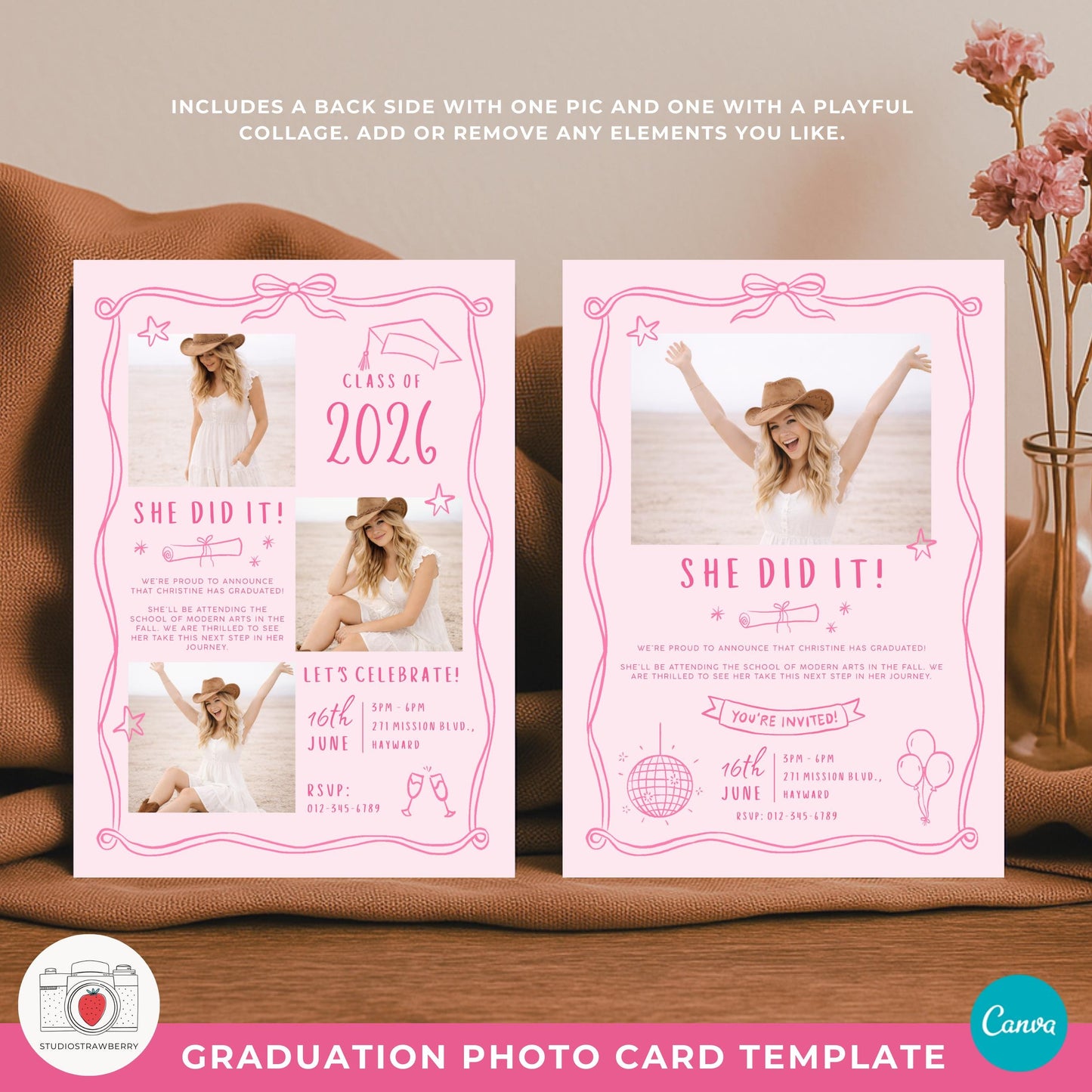 Class of 2026 pink graduation invite with playful photo collage