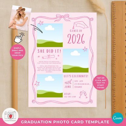 Photo arch graduation card template with hand drawn bow