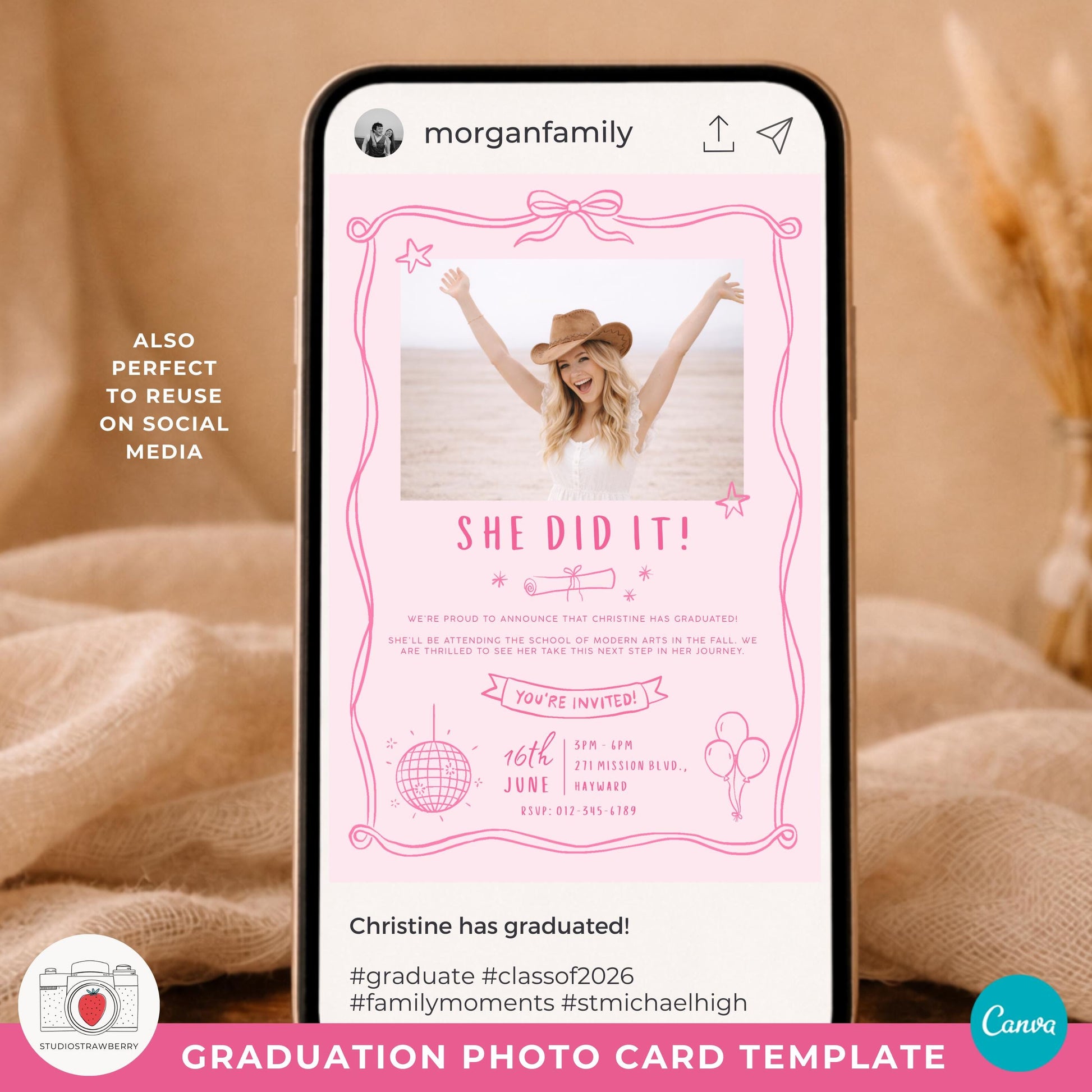 Graduation photo collage invitation for girls with ribbon border