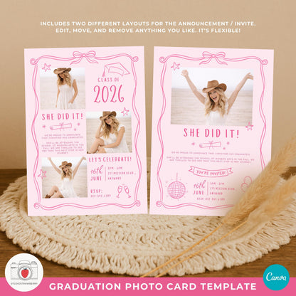 Pink ribbon graduation invite photo card for high school senior