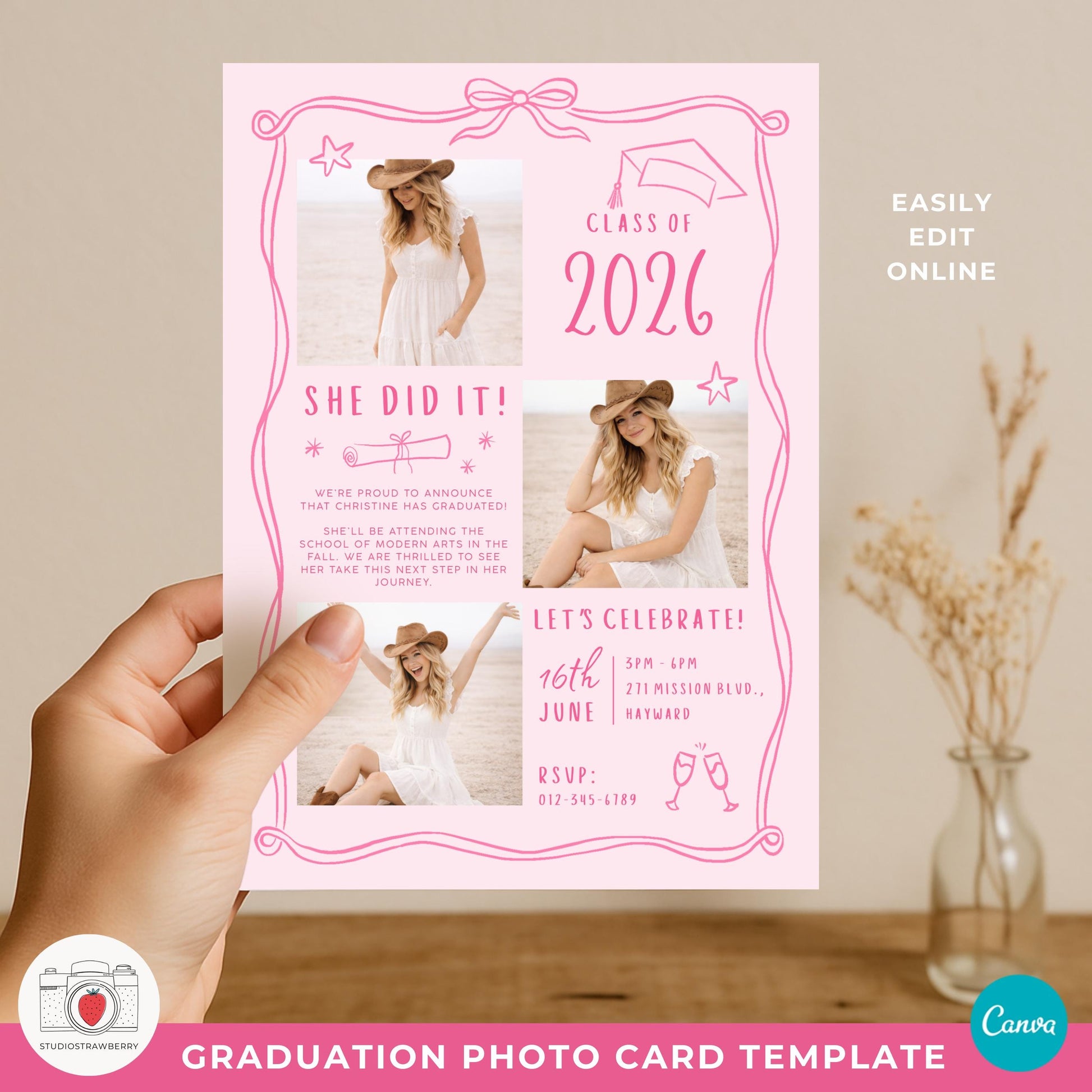 Graduation card template including hand drawn illustrations