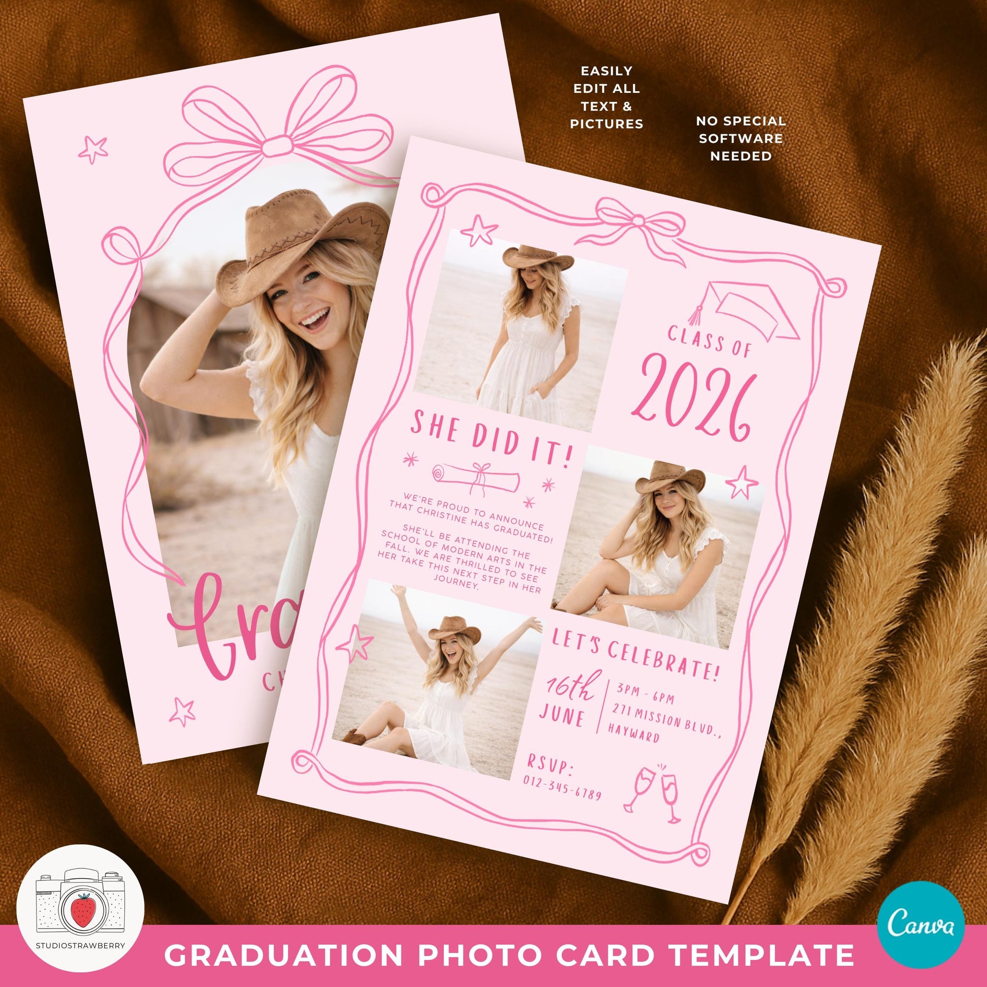 Custom photo pink graduation announcement with collage option
