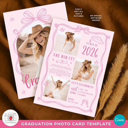 Custom photo pink graduation announcement with collage option