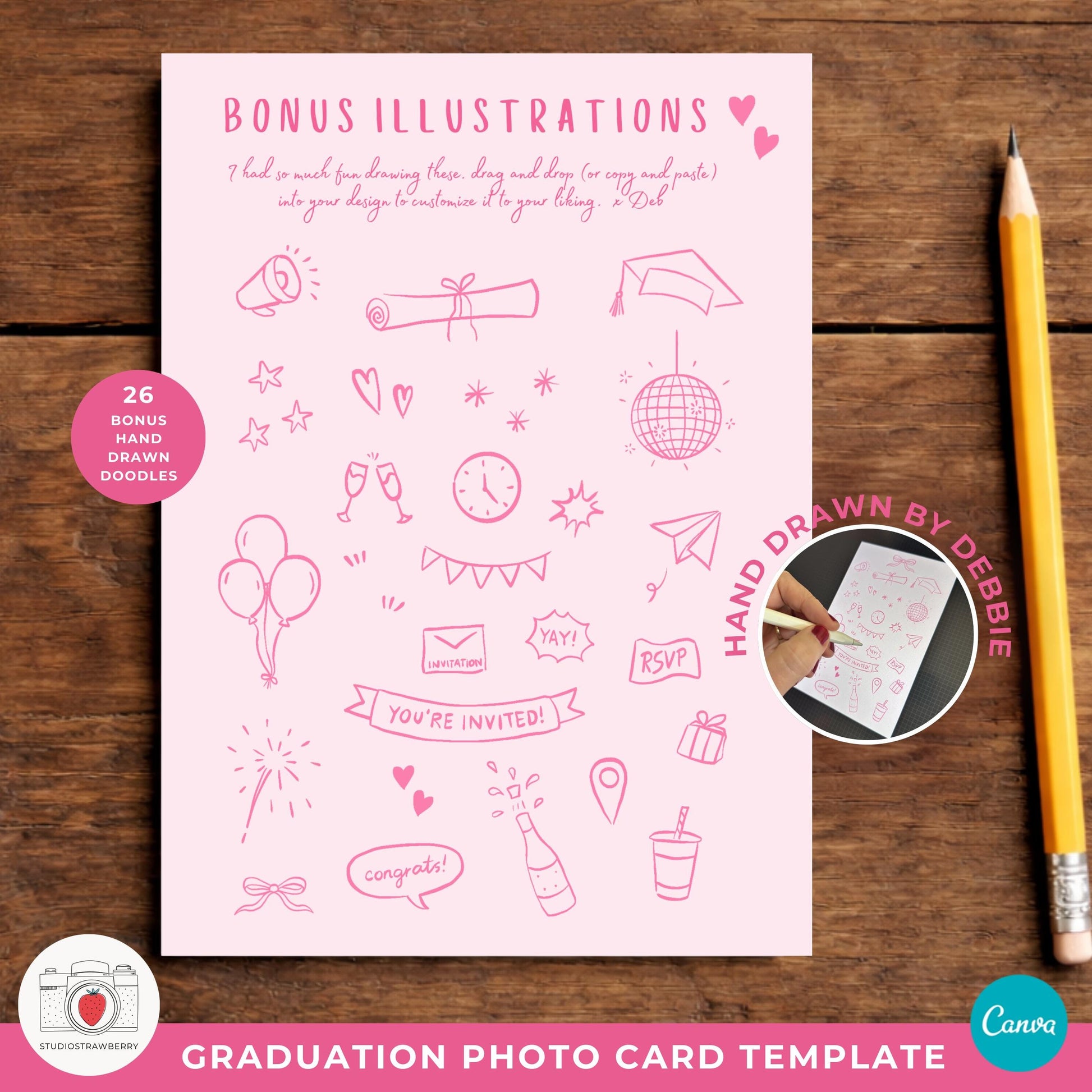 Editable pink graduation invitation with doodle illustrations in Canva for beginners