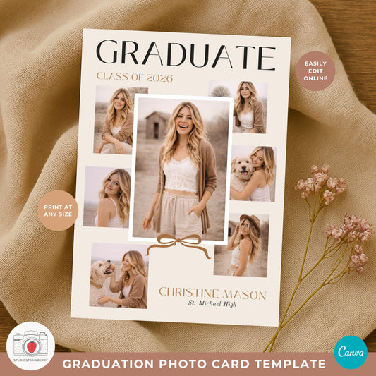 Cottagecore graduation photo collage card with soft beige tones and multiple senior portraits