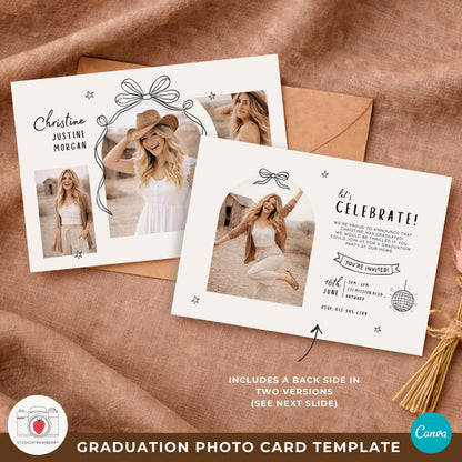 Cottagecore graduation announcement card with hand drawn bow illustration and neutral tones