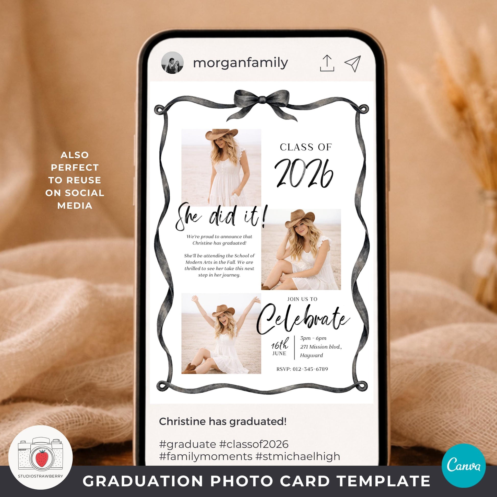 High school graduation photo invitation with classy black bow accent.